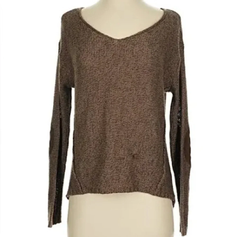 RDI Brown V-Neck Women's Sweater With Faux Suede Elbow Patches
